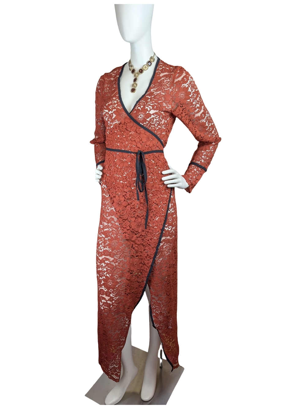 My Infinity Rust Floral Lace Sheer Wrap Maxi Dress Made In Italy Size M Romantic
